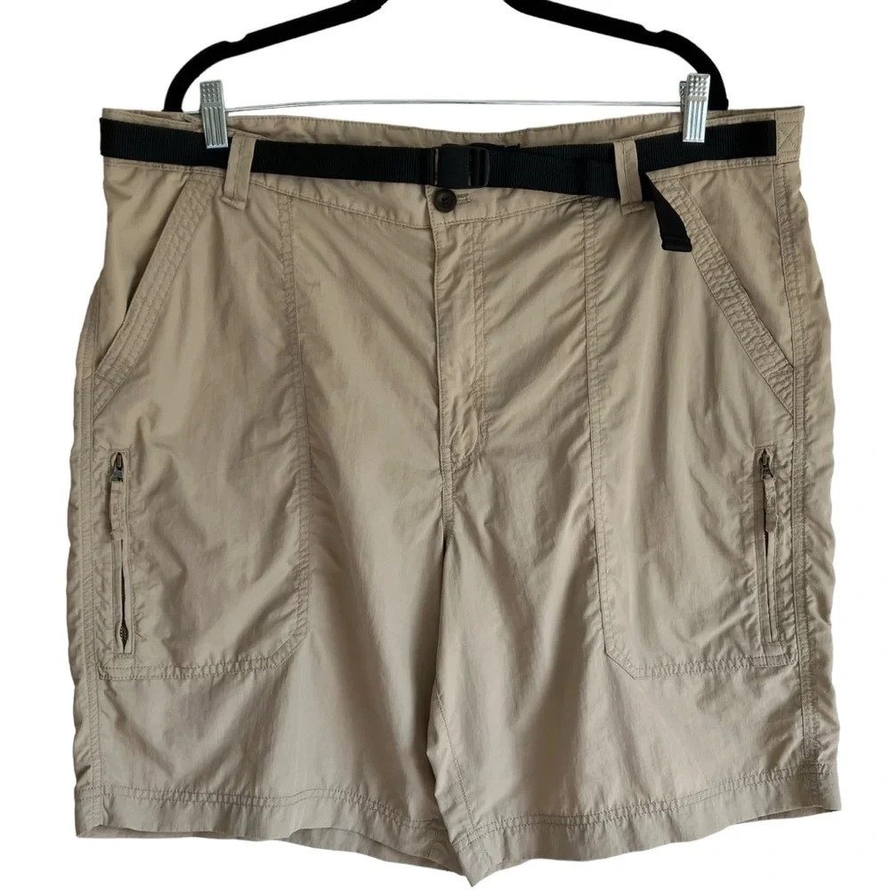 Chaps Flat Front Nylon Safari Shorts Zip Cargo Pockets Built-in Belt Tan Sz 42